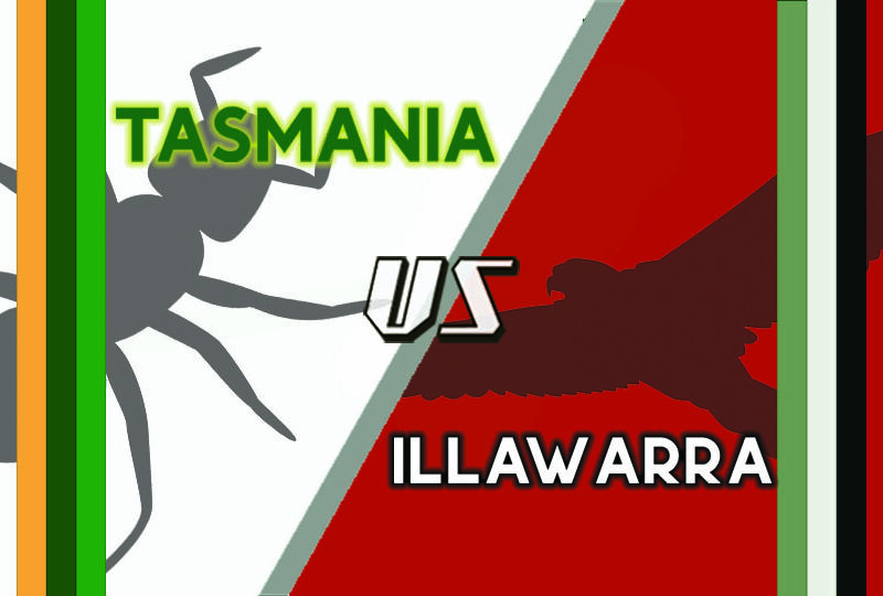 Picture of an ant and a hawk and the text Ï"Tasmania vs Illawarra"