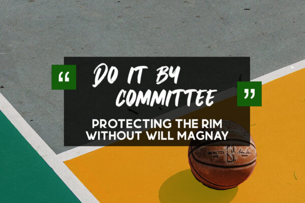 picture of basketballand court with text "do it by comittee, protecting the rim without Will Magnay"