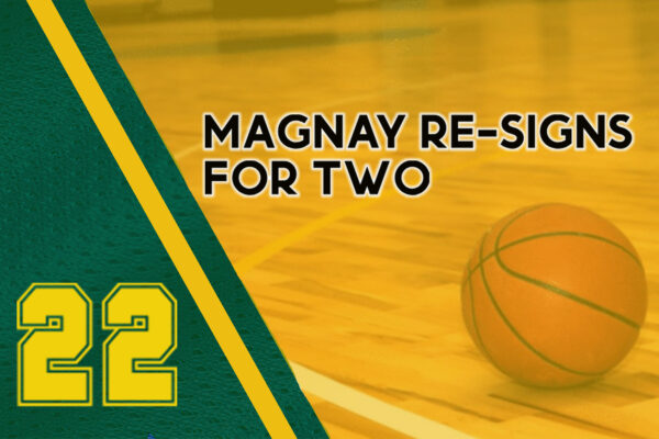 image of basketball court and text says "Magnay resigns for two"