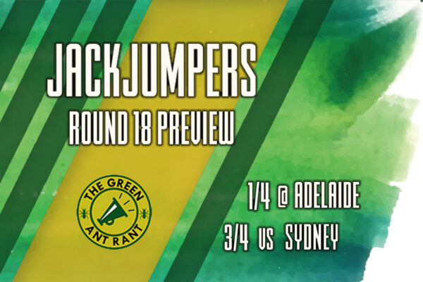 Image of yellow and green stripes with text saying "JackJumpers Round 18 Preview"