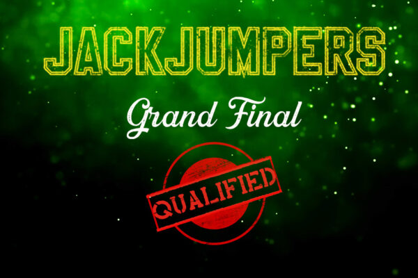 image of green confetti and text says "JackJumpers Grand Final Qualified"