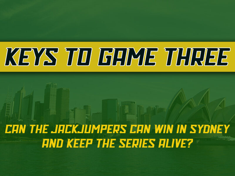 Image of Sydney skyline in background with text saying "keys to game 3 - can the jackjumpers win in Sydney and keep the series alive"