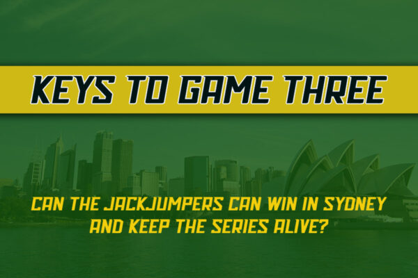 Image of Sydney skyline in background with text saying "keys to game 3 - can the jackjumpers win in Sydney and keep the series alive"