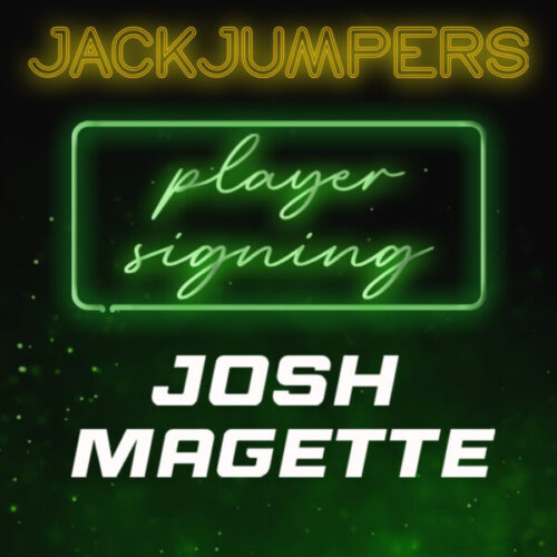 picuture of neion lights with text saying "JackJumpers players signing - Josh Magette"