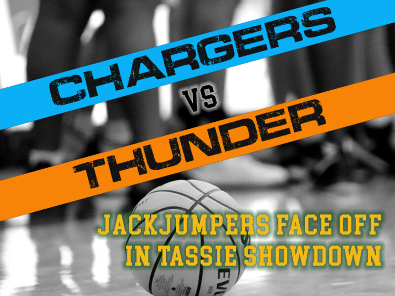 image of basketball on basketball court with text "Chargers vs Thunder JackJumpers face off in Tassie showdown