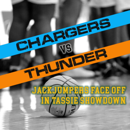 image of basketball on basketball court with text "Chargers vs Thunder JackJumpers face off in Tassie showdown